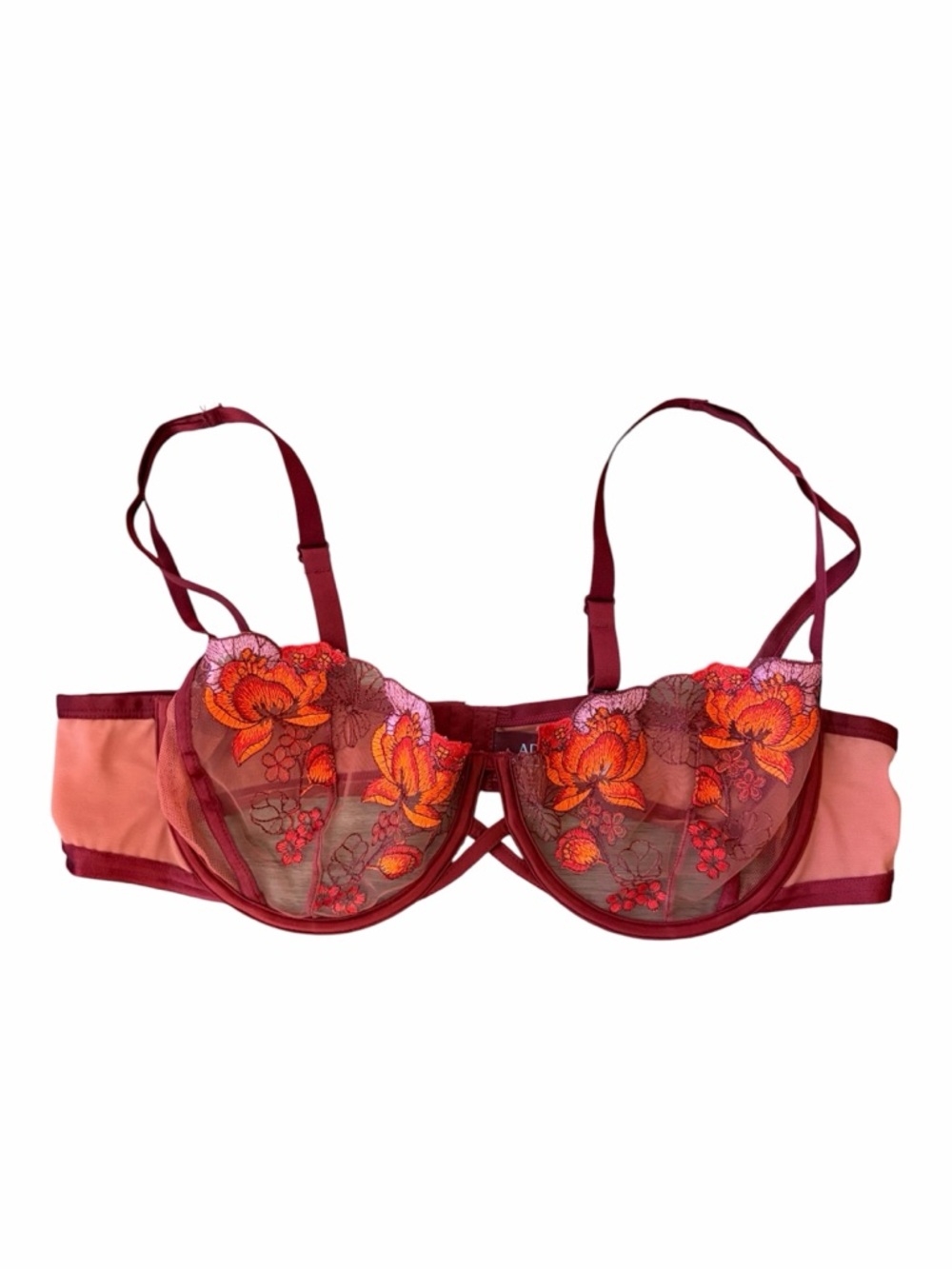Adore Me Sheer Floral Embroidered Balconette Bra Size 42C Burgundy & Peach